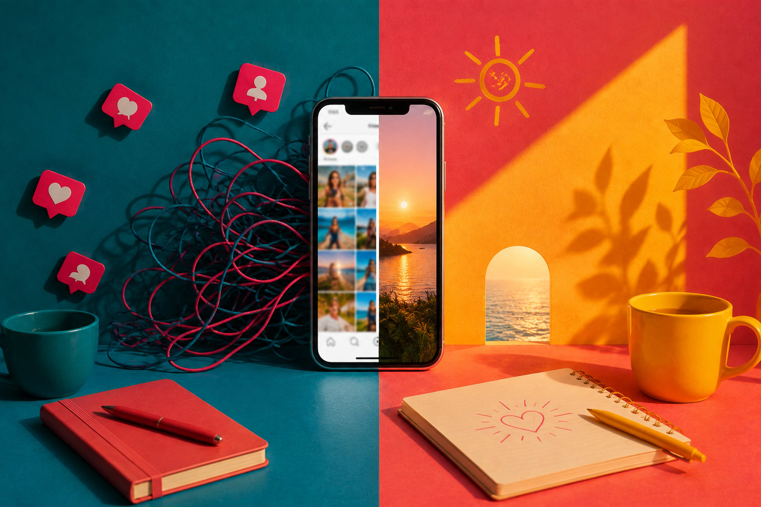 Telefon cu feed de vacanță între haosul notificărilor și un colț liniștit cu caiet, cană și lumină caldă