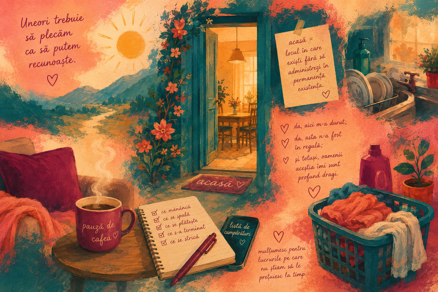 Ilustrație caldă despre acasă, cu ușă deschisă, cafea, notițe și treburi zilnice într-o atmosferă liniștitoare.