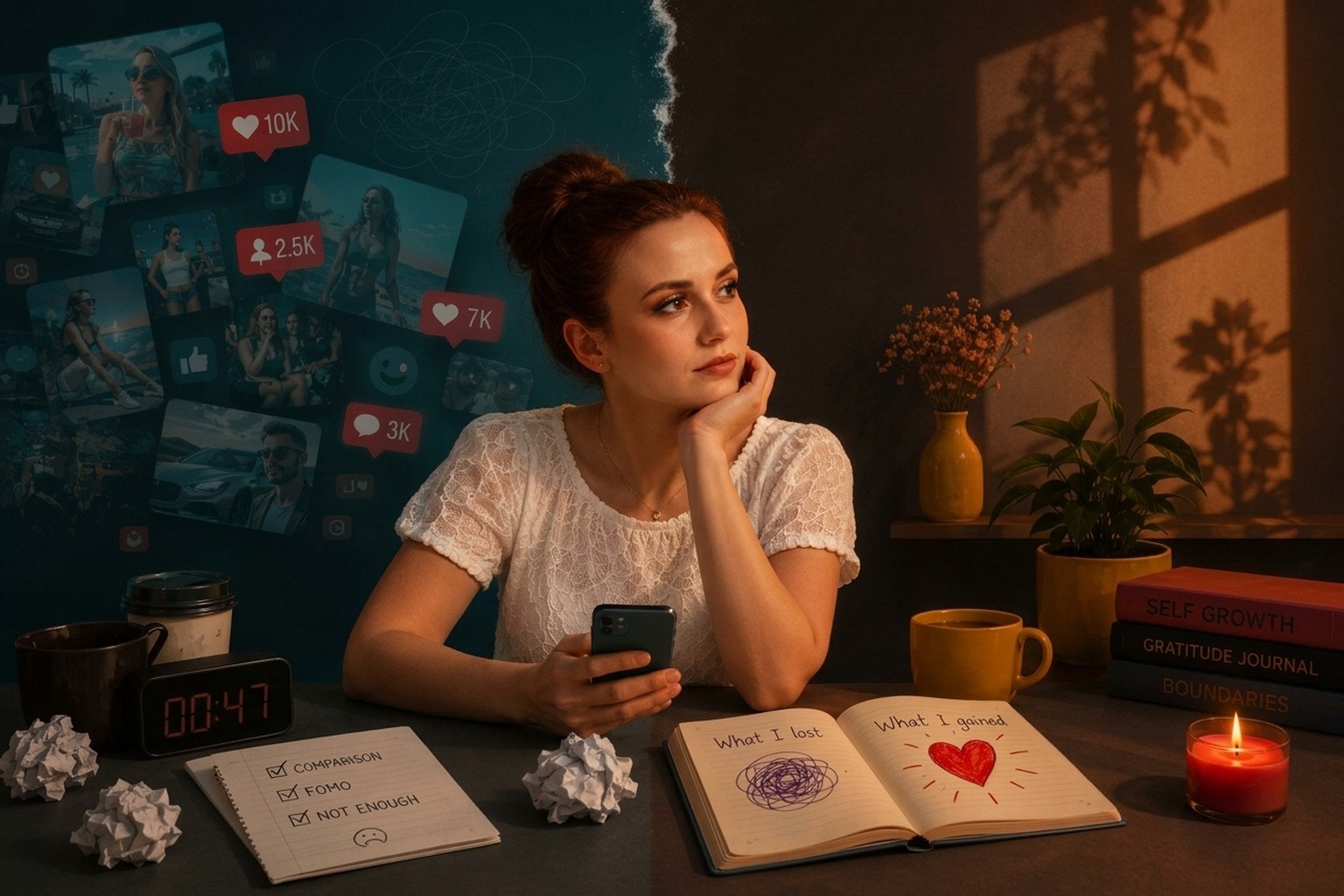 Tânără meditând cu telefonul în mână, între presiunea rețelelor sociale și un spațiu cald de reflecție personală