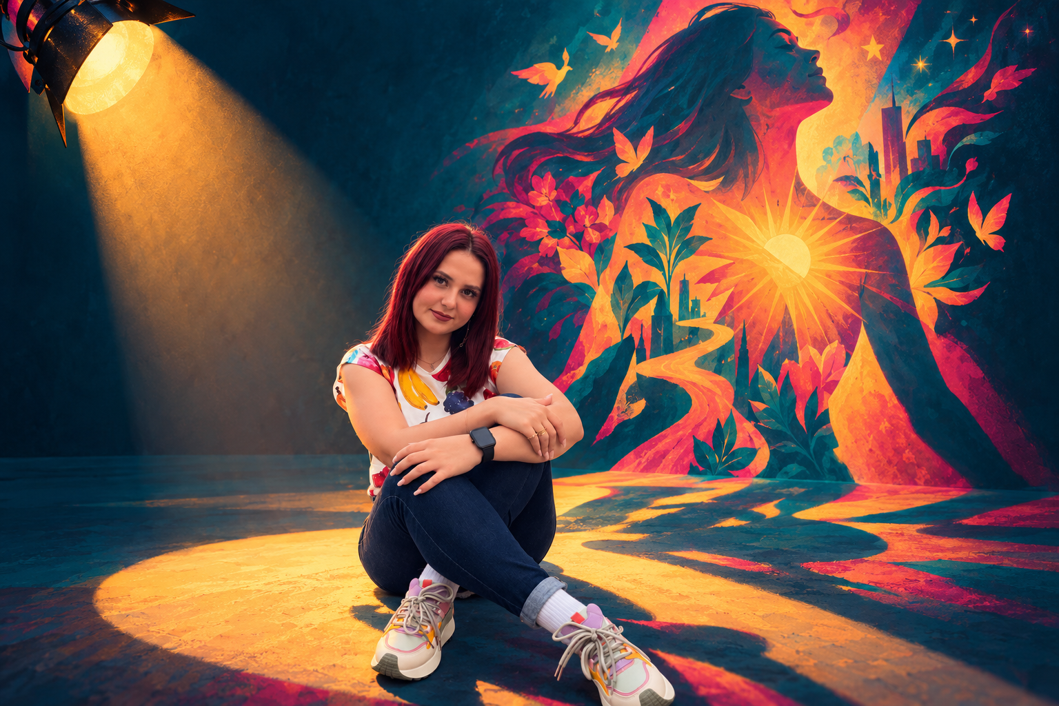 Femeie așezată sub un reflector, în fața unei picturi murale colorate, plină de flori, lumină și siluete feminine.