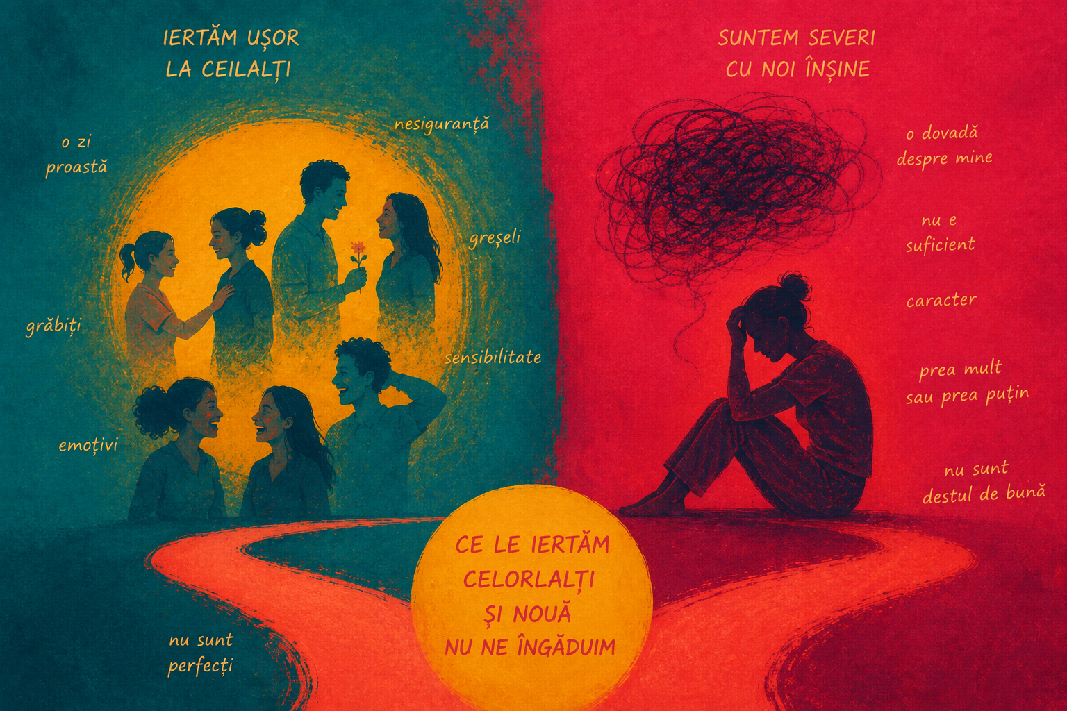 Ilustrație despre iertarea celorlalți și autocritica dură, cu siluete umane și cuvinte explicative pe fundal colorat.