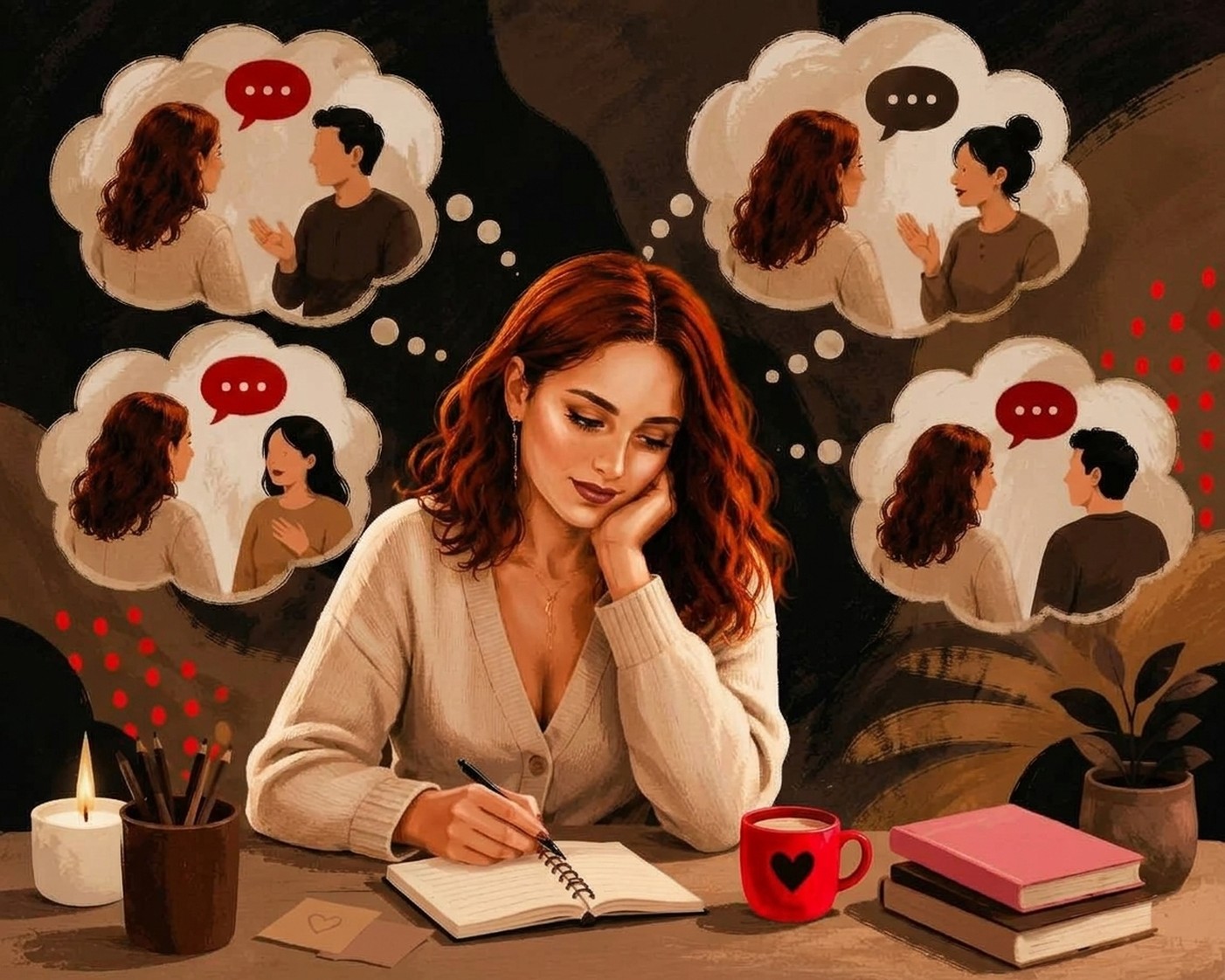 Femeie scriind în jurnal, înconjurată de gânduri despre conversații și relații.