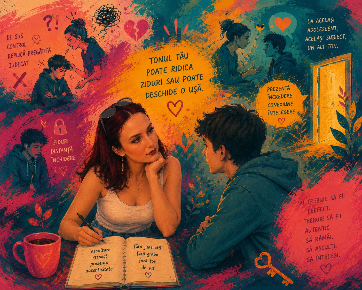 Mamă și adolescent discută calm, într-o ilustrație colorată despre tonul vocii, ascultare, încredere și apropiere.