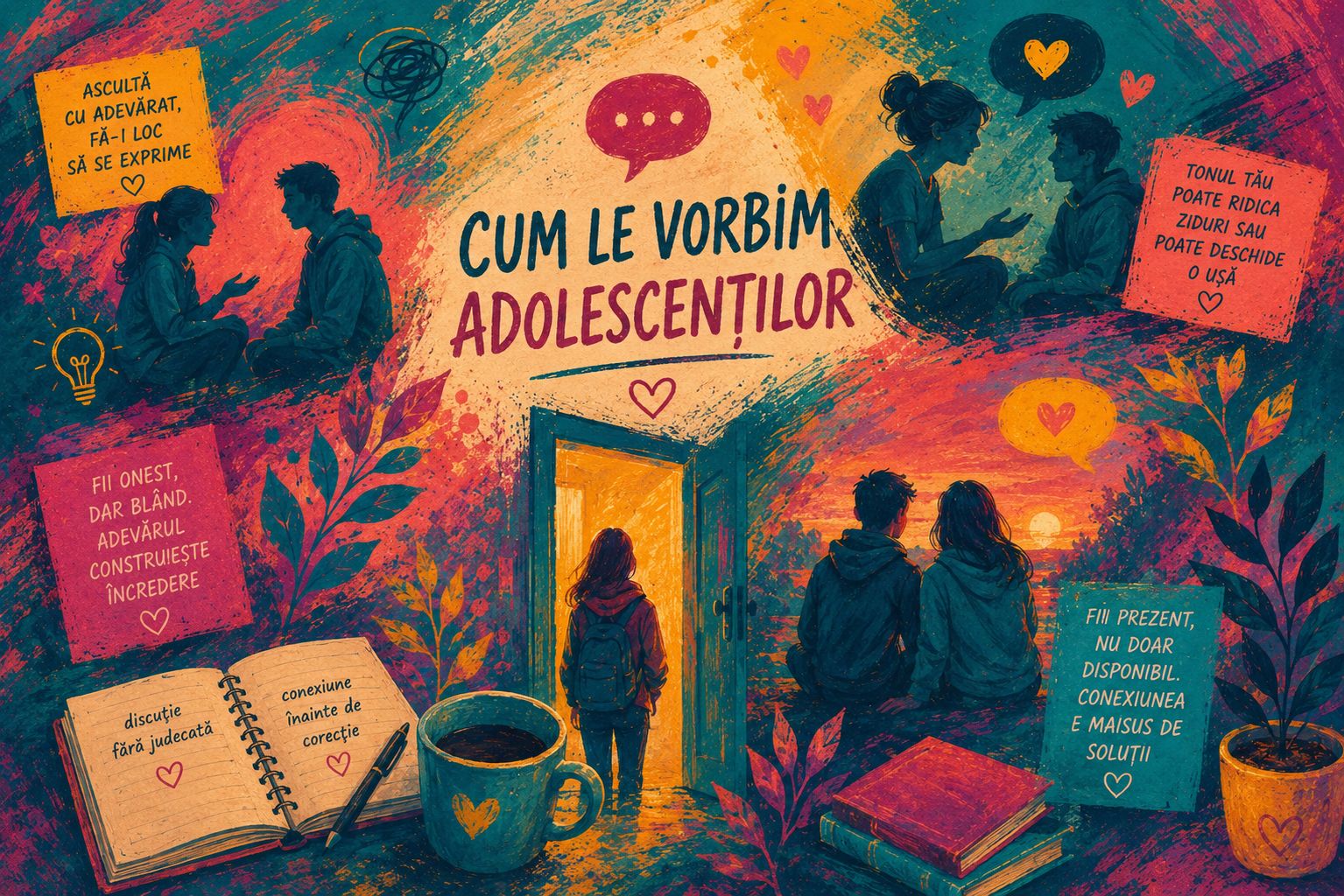 Ilustrație colorată despre comunicarea cu adolescenții, cu siluete care vorbesc, mesaje de sprijin și o atmosferă caldă.