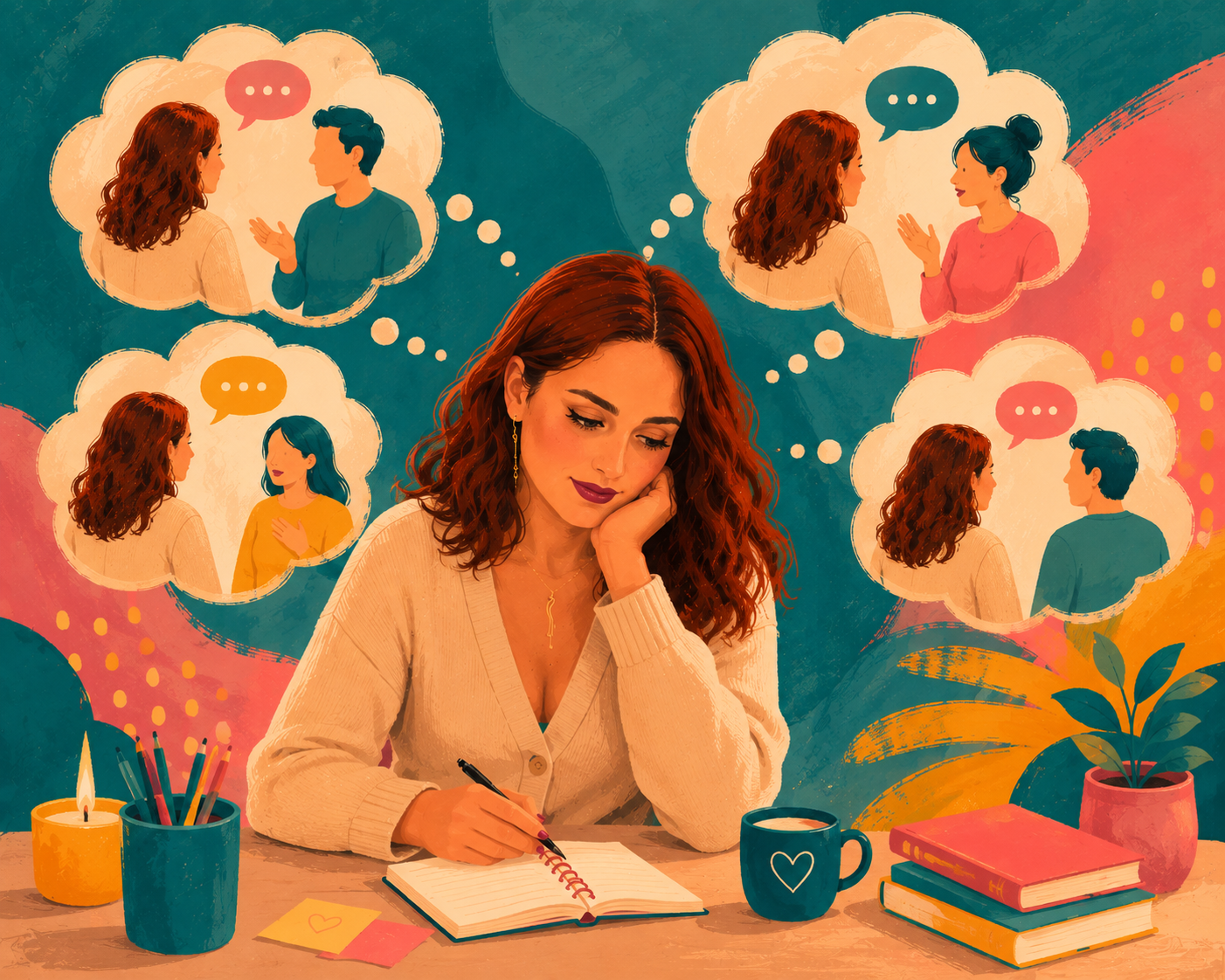 Femeie scriind în jurnal, înconjurată de gânduri despre conversații și relații.