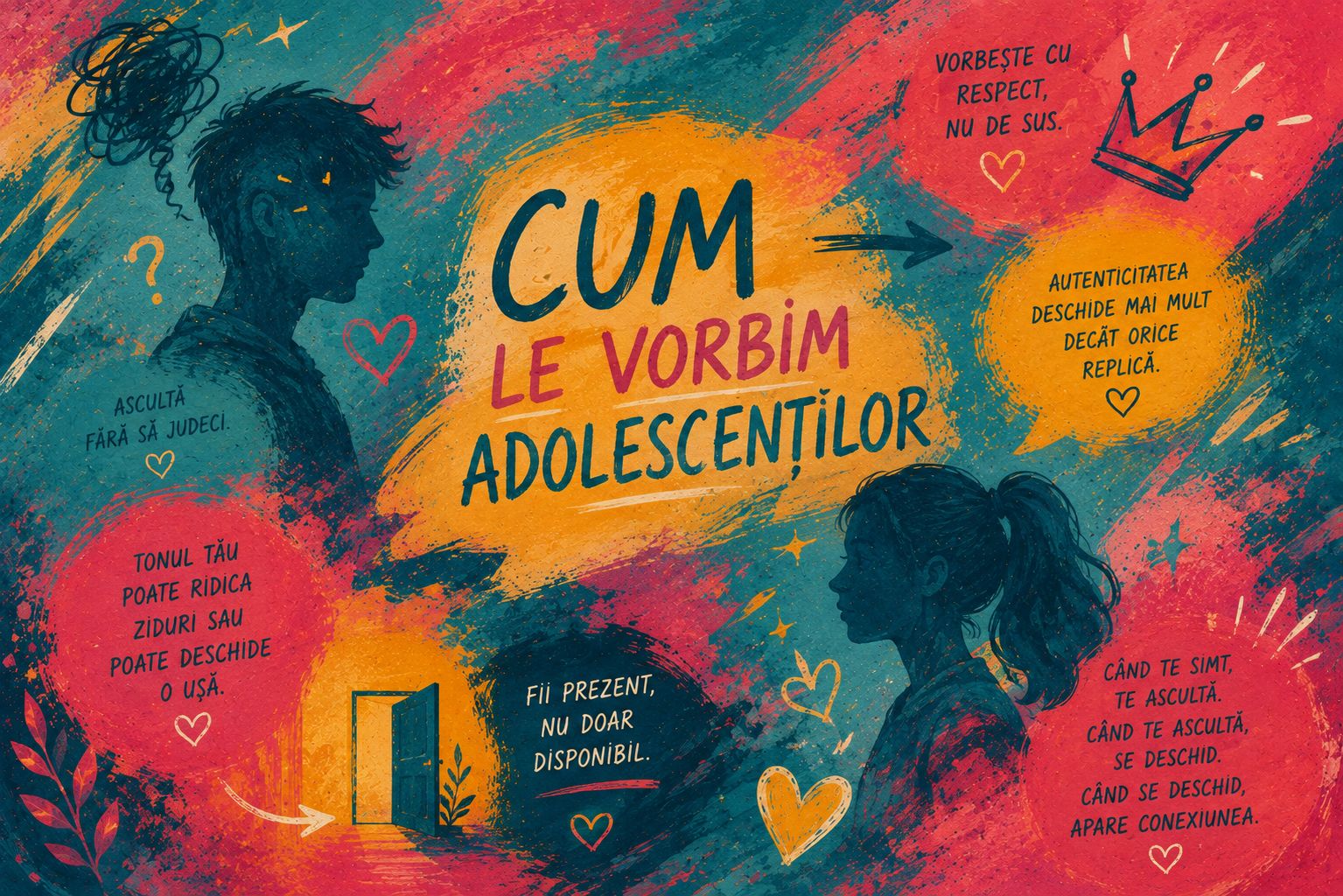 Ilustrație colorată despre cum le vorbim adolescenților, cu siluete, mesaje despre respect, ascultare și conexiune.