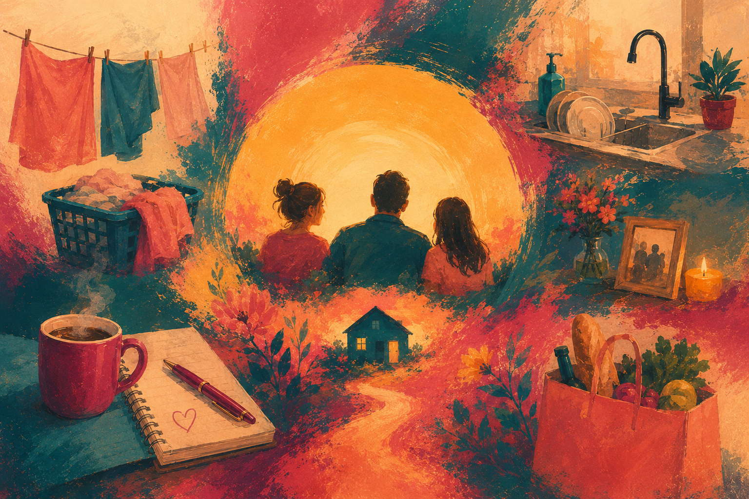 Ilustrație caldă despre viața de familie, cu treburi zilnice, casă, cumpărături și momente împreună.