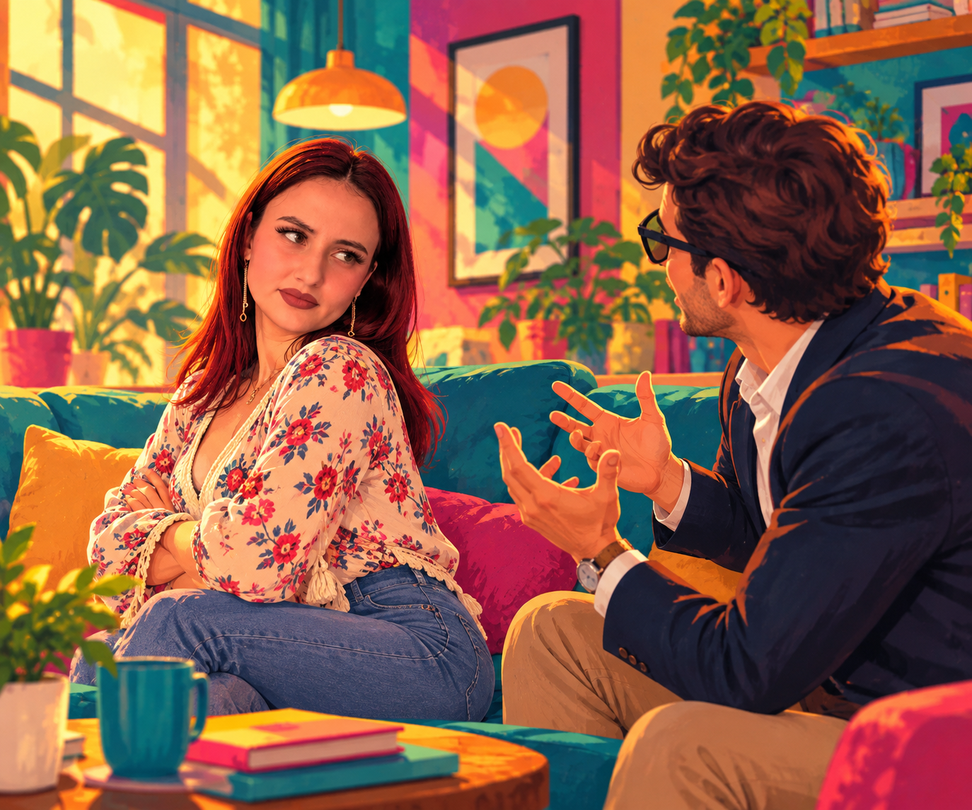 Două persoane pe canapea, într-o conversație tensionată, într-un living colorat și plin de plante.