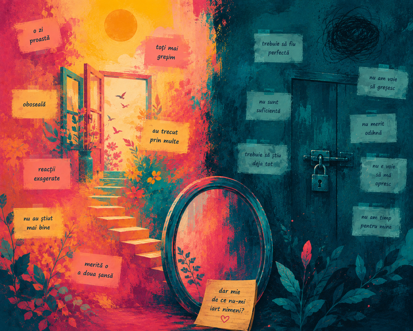 Ilustrație contrastantă cu fereastră luminoasă și ușă încuiată, înconjurate de bilețele despre greșeli, presiune și iertare de sine.