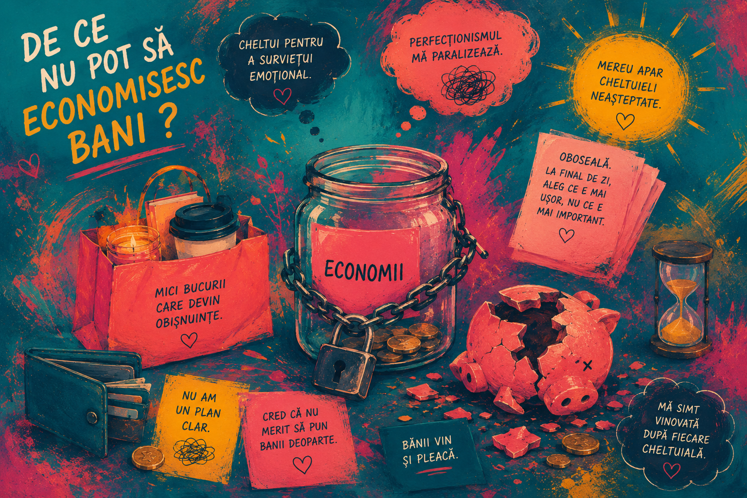 Ilustrație colorată despre dificultatea de a economisi bani, cu borcan, pușculiță spartă și mesaje despre obiceiuri și emoții.