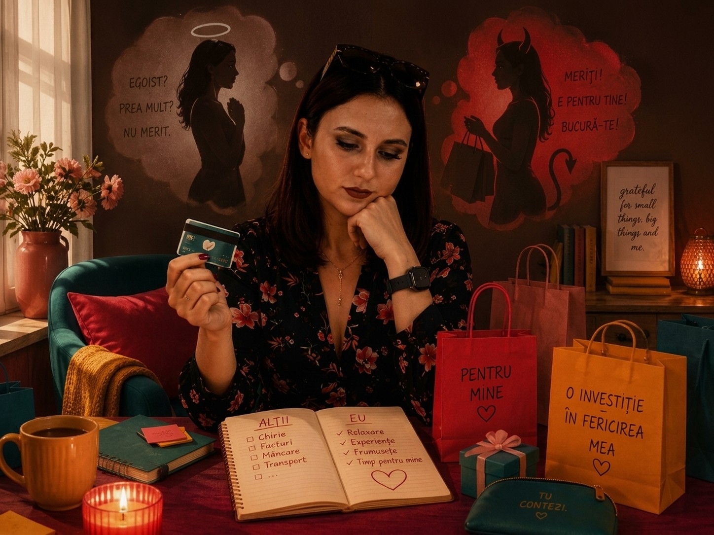Femeie gânditoare ține un card, înconjurată de pungi colorate și mesaje despre merit, grijă de sine și bucurie.