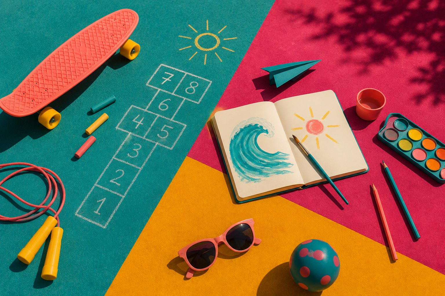 Obiecte de joacă și desen colorate pe fundal vesel, cu șotron, skateboard, carnet pictat și mingea preferată.