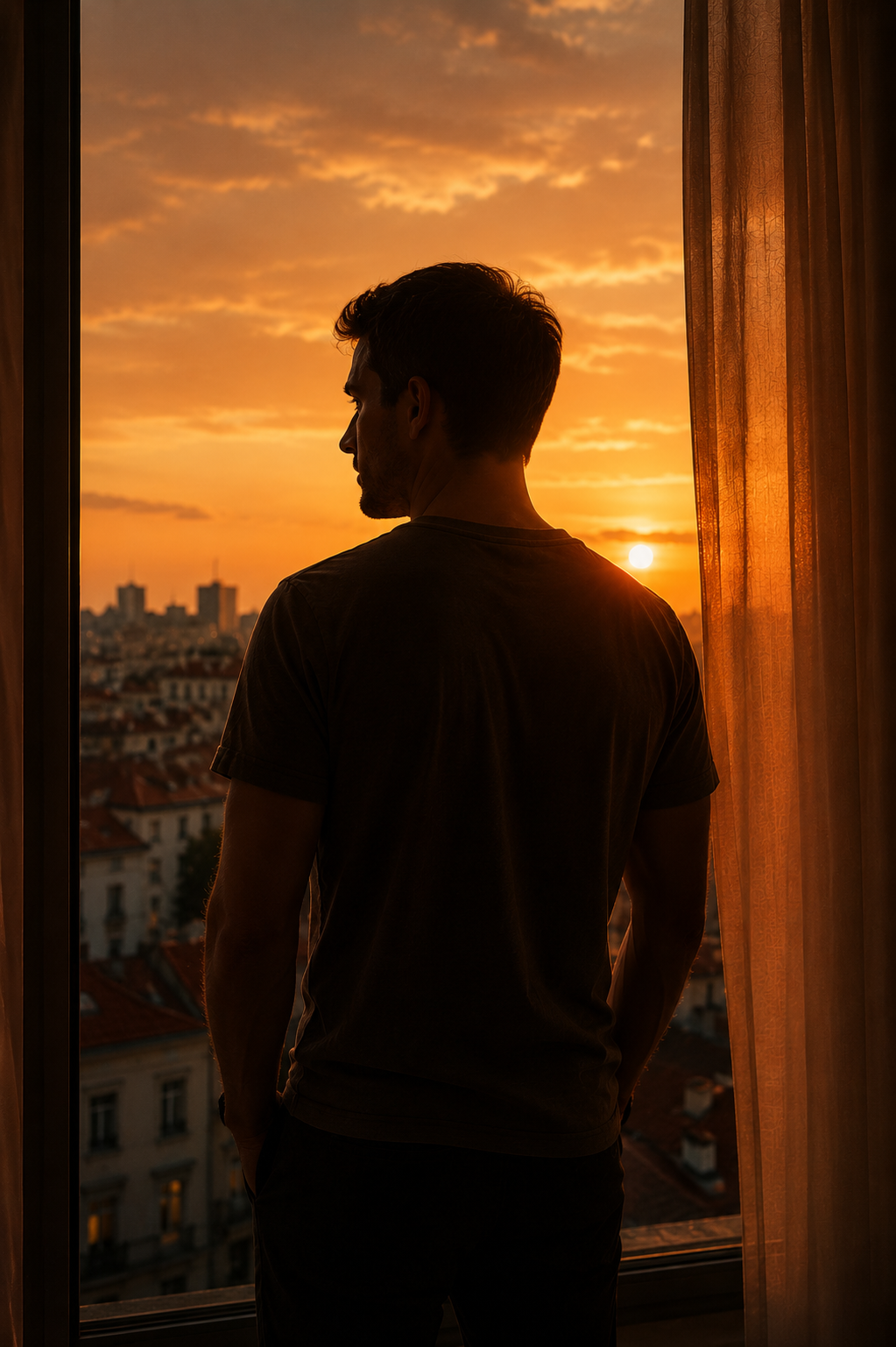 Bărbat privind apusul peste oraș, lângă fereastră, într-o lumină caldă și liniștită.