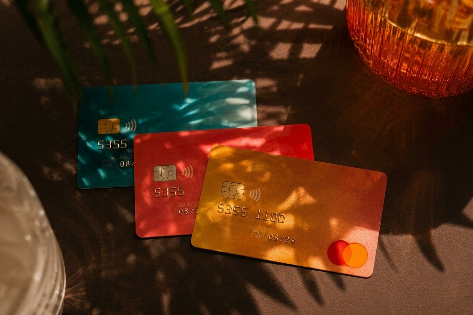 Trei carduri bancare colorate pe masă, luminate de soare printre frunze tropicale.