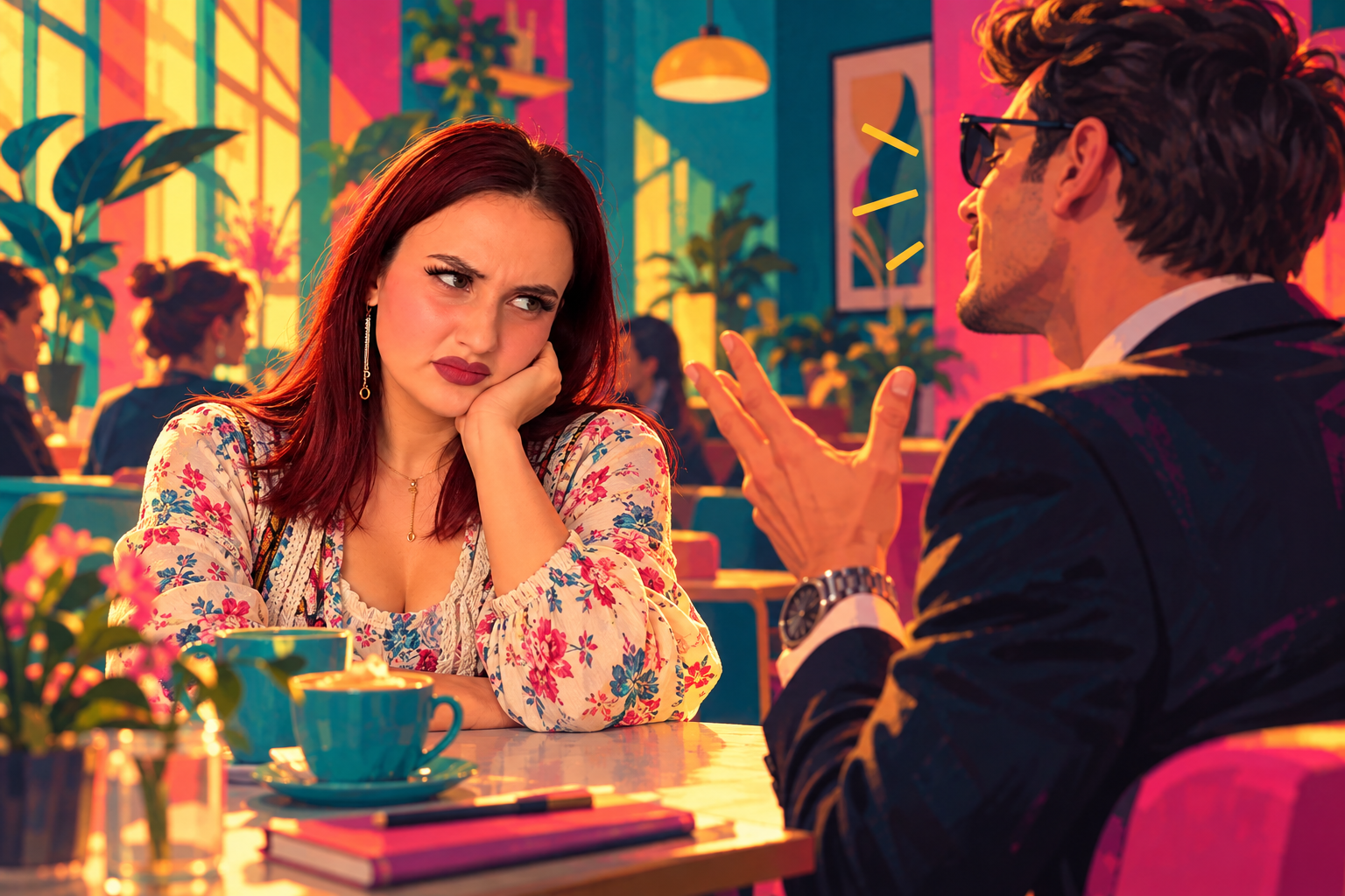 Femeie plictisită la o masă de cafenea ascultă un bărbat care vorbește mult.