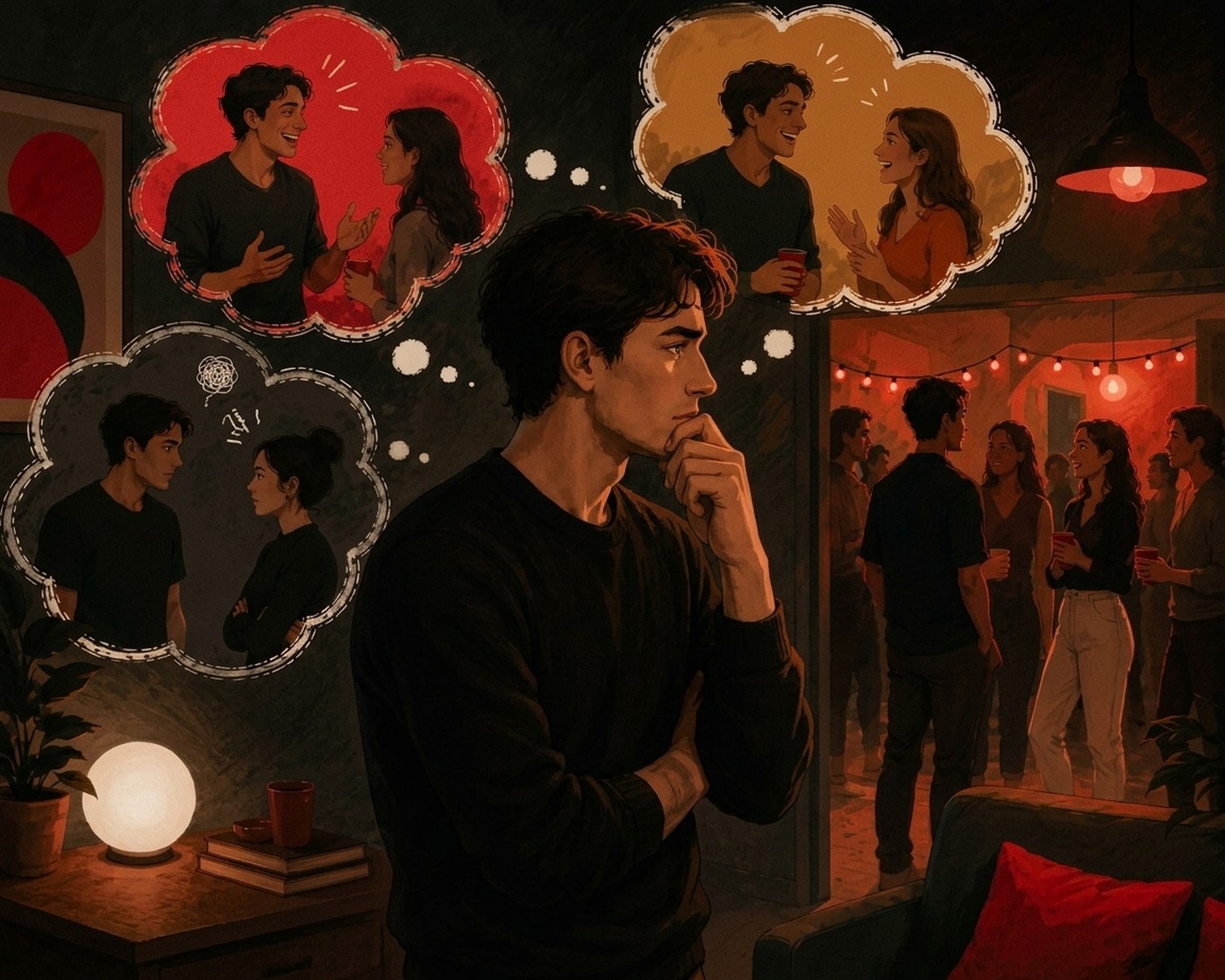 Bărbat gânditor la o petrecere, imaginând conversații și momente cu o femeie într-o lumină caldă.