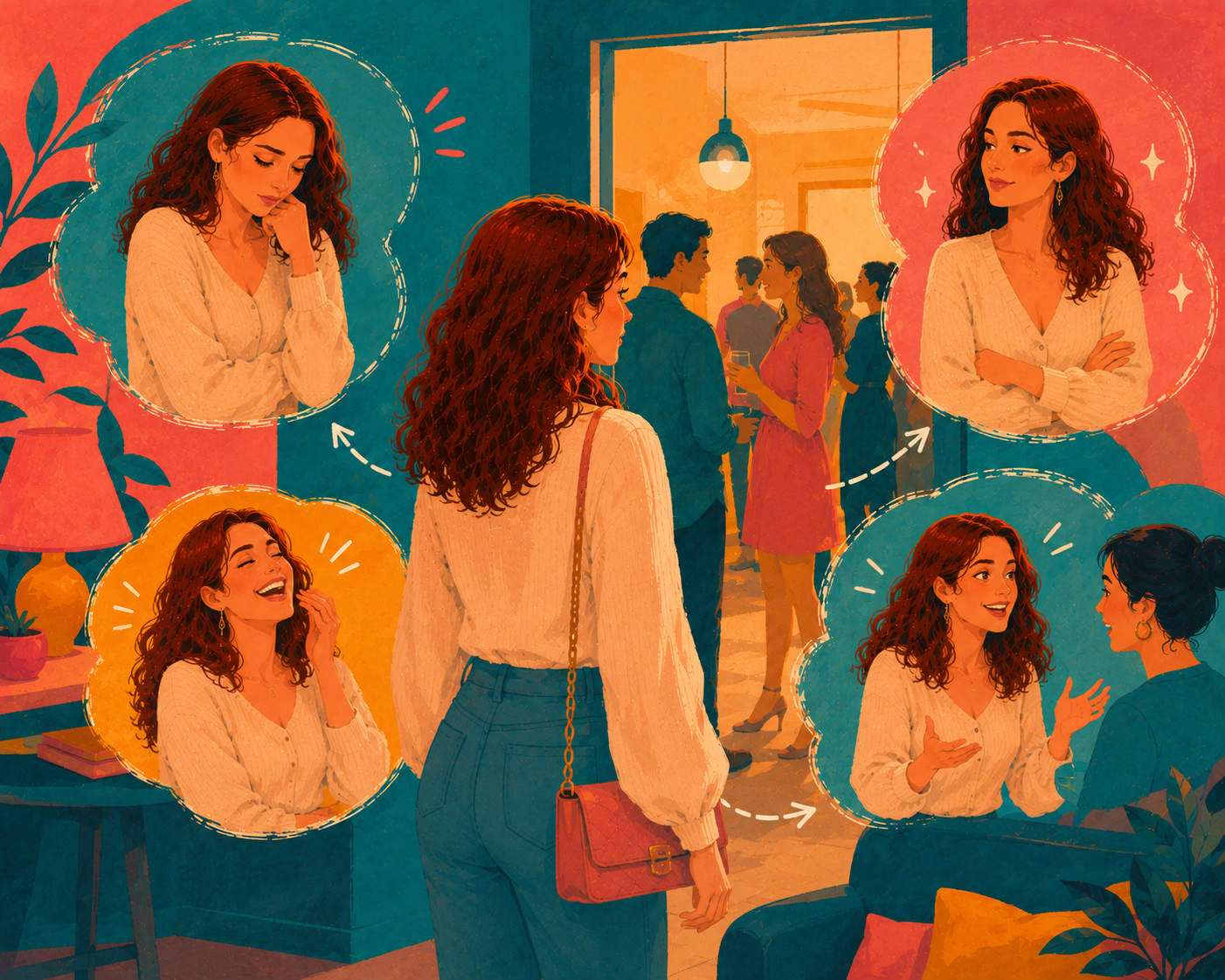 Ilustrație cu o femeie în diferite stări emoționale, surprinsă acasă și la o petrecere.