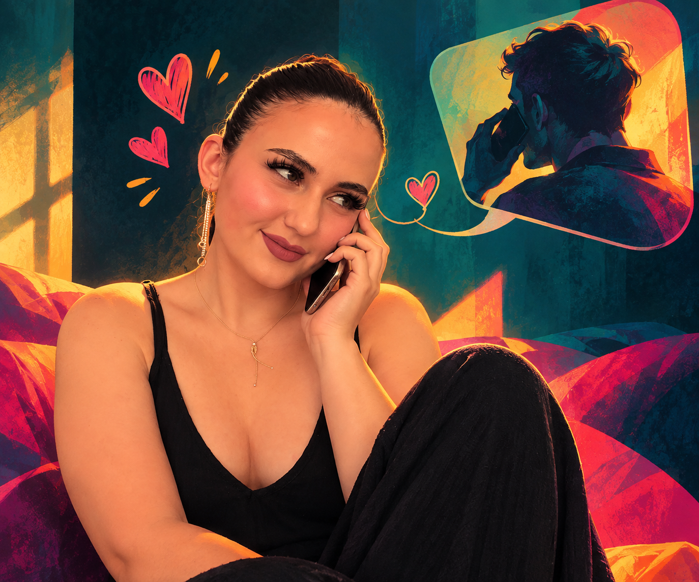 Femeie zâmbitoare vorbește la telefon, cu inimioare desenate și silueta unui bărbat sugerând o conversație romantică.